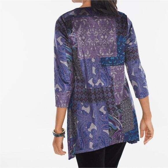 Chico's size 0 Velvet Midnight Patchwork 3/4 Sleeve Paisley Print Tunic Top S - Picture 2 of 6